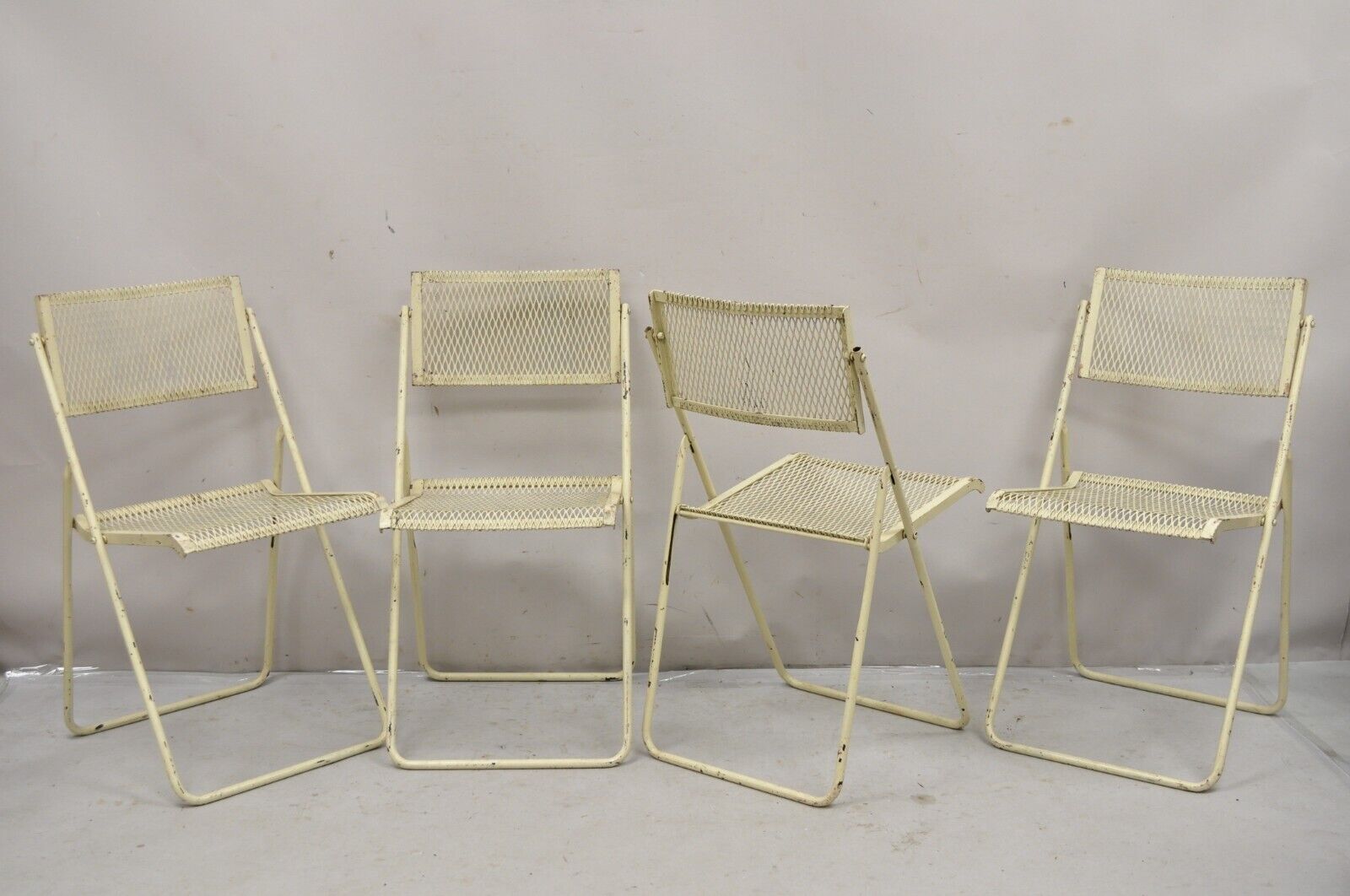 Vintage Mid Century Wrought Iron Industrial Folding Card Game Table Set 5 Pc Set