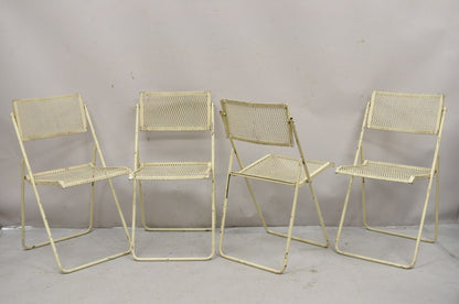 Vintage Mid Century Wrought Iron Industrial Folding Card Game Table Set 5 Pc Set