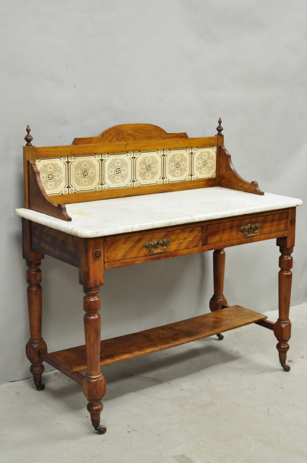 Antique Victorian Walnut Marble Top Washstand Good Luck Swastika Tile Backsplash