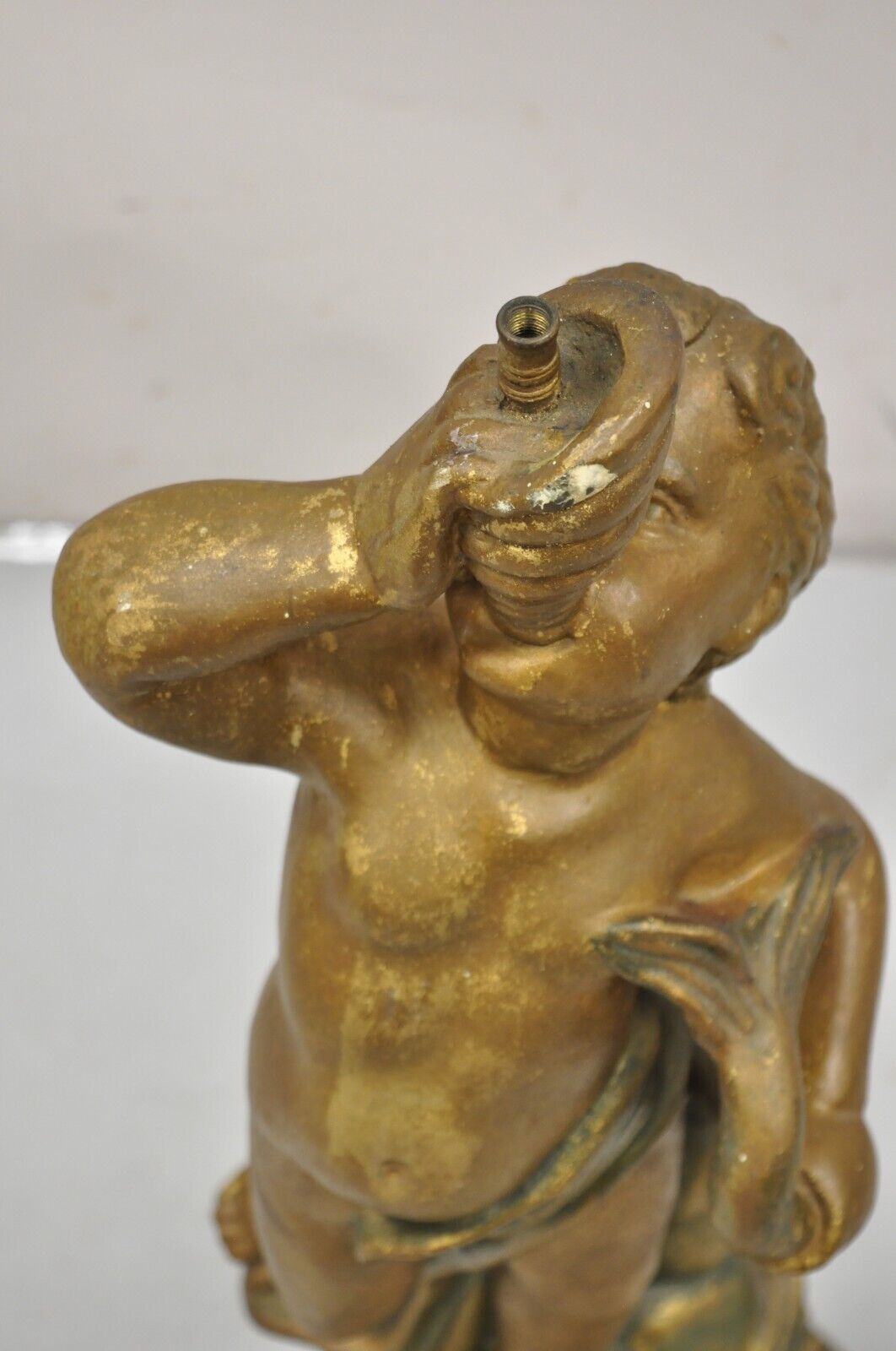 Antique Terracotta Italian Classical Boy Putti & Dolphin Statue Garden Fountain