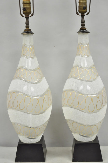 Vintage Mid Century Modern Sculpted Frosted Glass Gold Wavy Table Lamps - a Pair