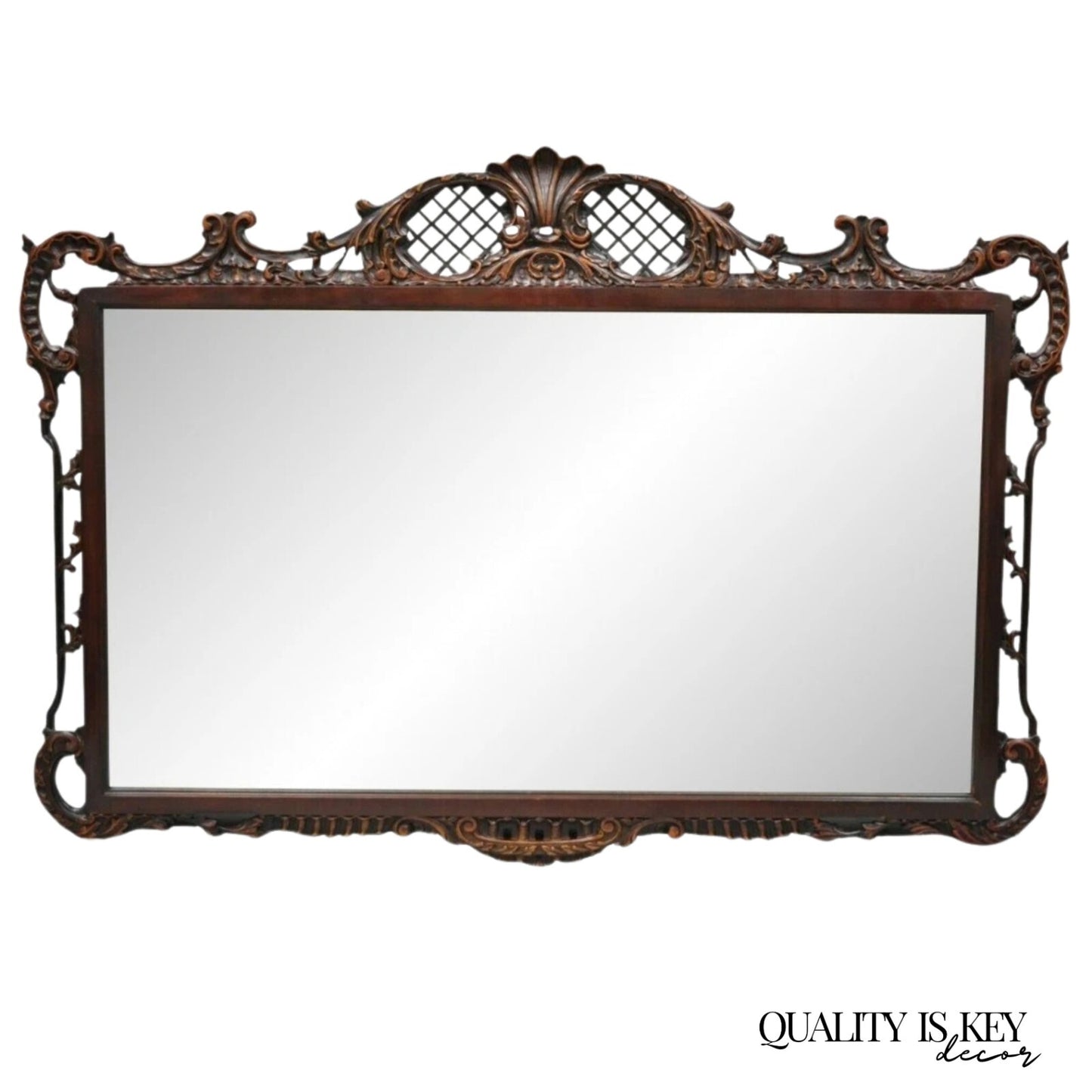 Antique Chinese Chippendale Style Fretwork Carved Mahogany Large Wall Mirror