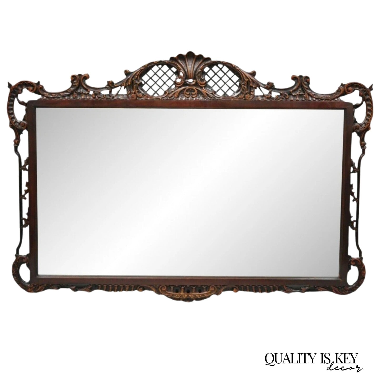 Antique Chinese Chippendale Style Fretwork Carved Mahogany Large Wall Mirror