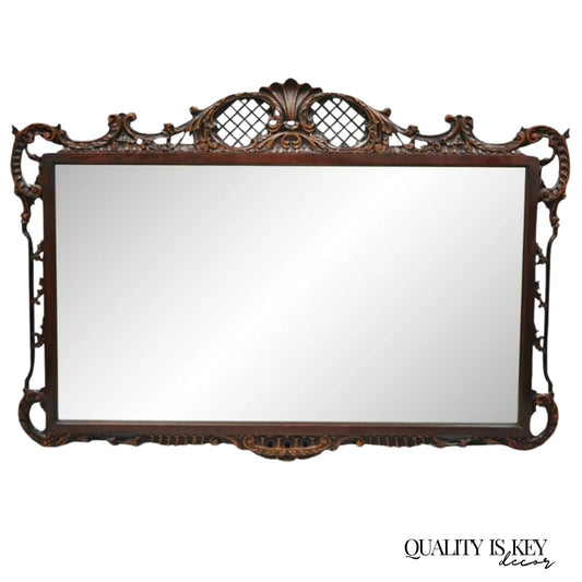 Antique Chinese Chippendale Style Fretwork Carved Mahogany Large Wall Mirror