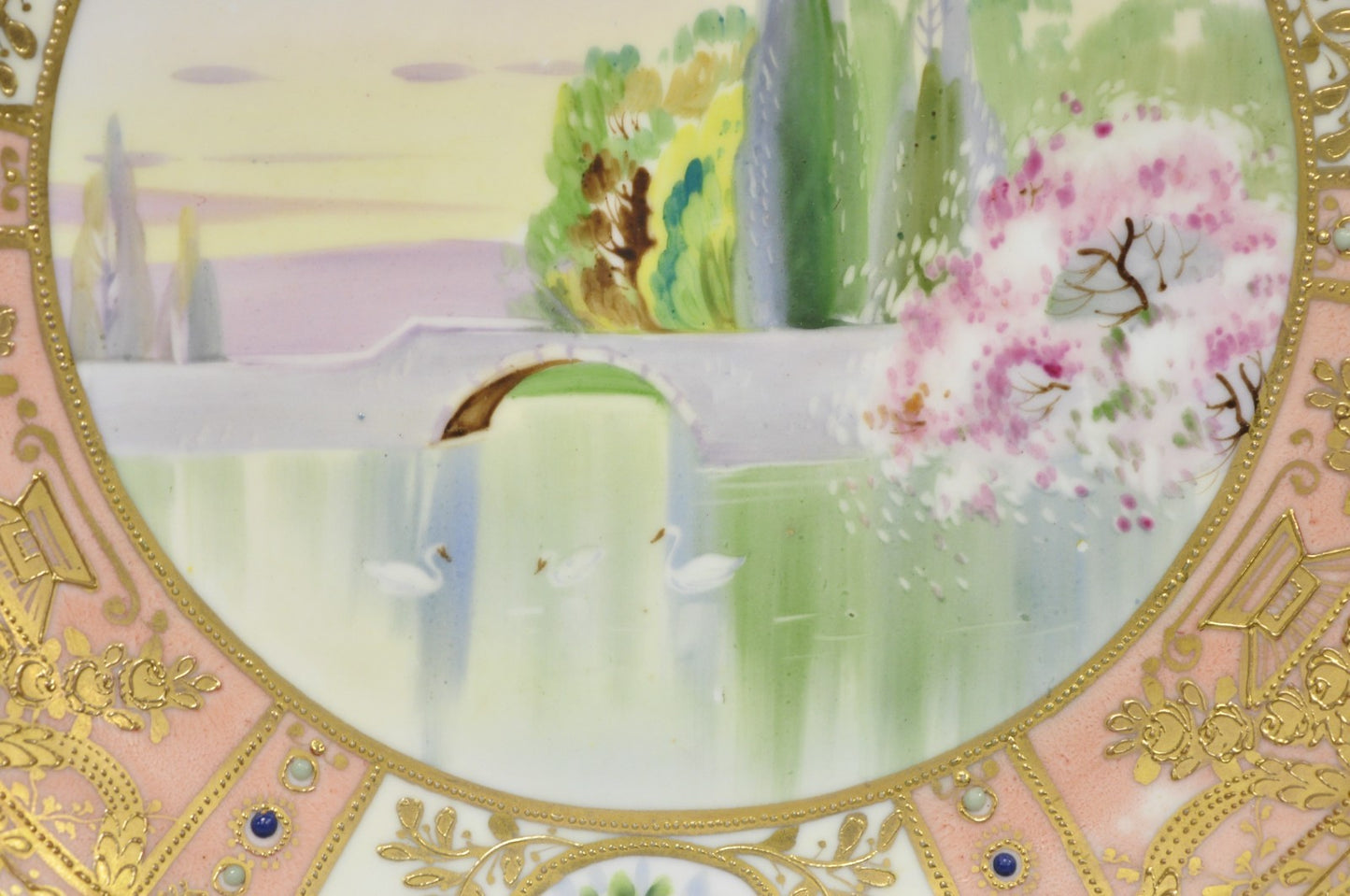 Antique Nippon Hand Painted Porcelain Gold Gilt Swan & Lake Scene Cabinet Plate
