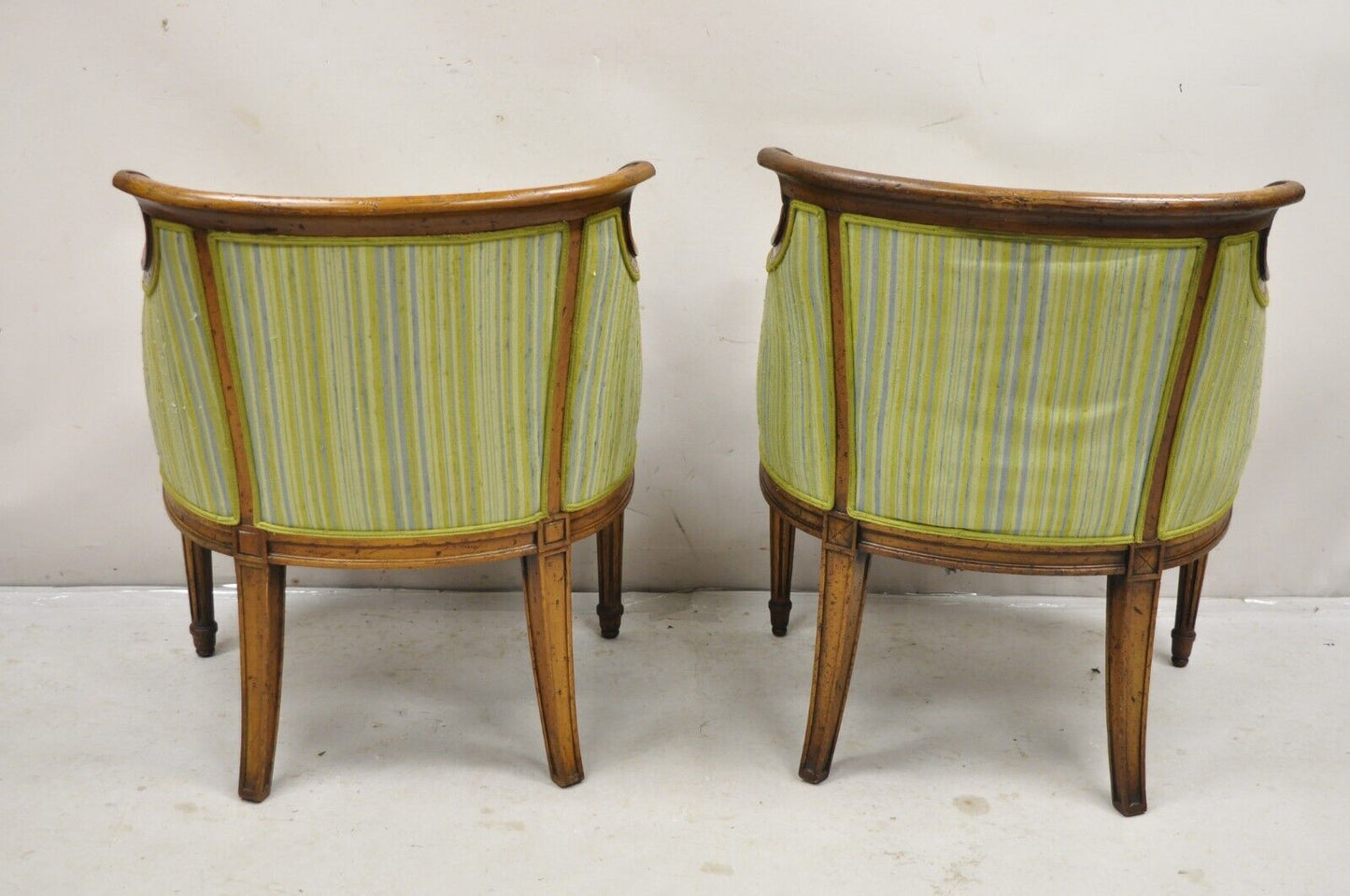 Antique Italian Regency Distressed Carved Walnut Barrel Back Club Chairs - Pair