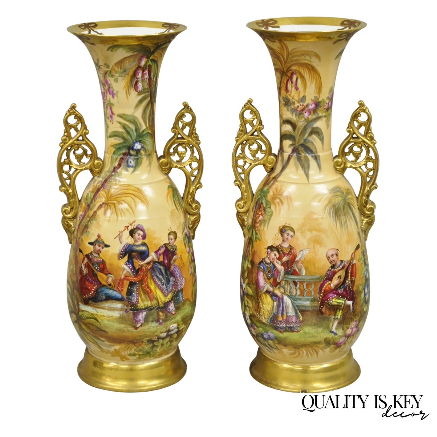 Antique Chinoiserie French Porcelain Hand Painted Orientalist Large Vases - Pair