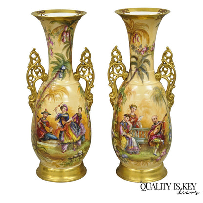 Antique Chinoiserie French Porcelain Hand Painted Orientalist Large Vases - Pair