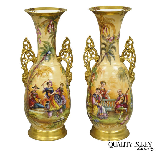 Antique Chinoiserie French Porcelain Hand Painted Orientalist Large Vases - Pair