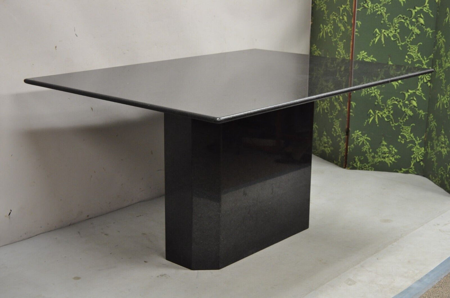 Vintage Modern Black Granite Rectangular Dining Table with Narrow Pedestal Base