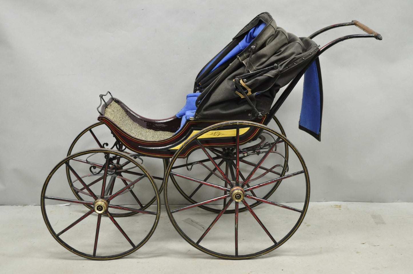 Antique Victorian Hand Painted Baby Carriage Buggy Stroller with Wooden Wheels