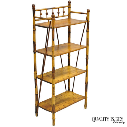 Antique English Victorian Burnt Bamboo Stick & Ball Small Bookcase Curio Shelf
