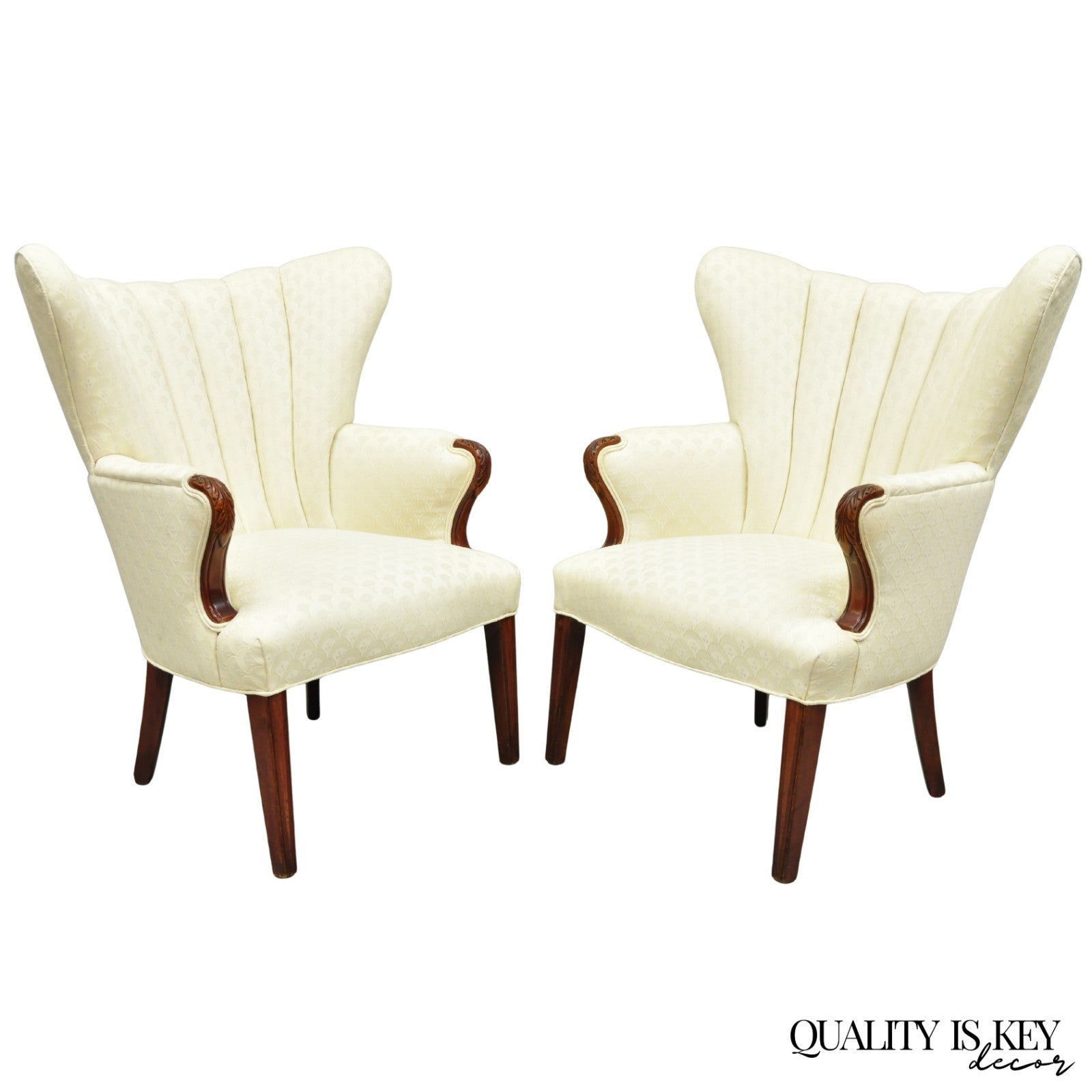 Vintage French Art Deco Style Channel Wingback Mahogany Lounge Arm Chairs - Pair