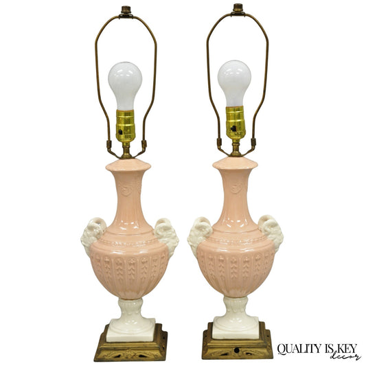 Vintage Italian Neoclassical Pink Porcelain Urn Table Lamps w/ Bearded Man, Pair
