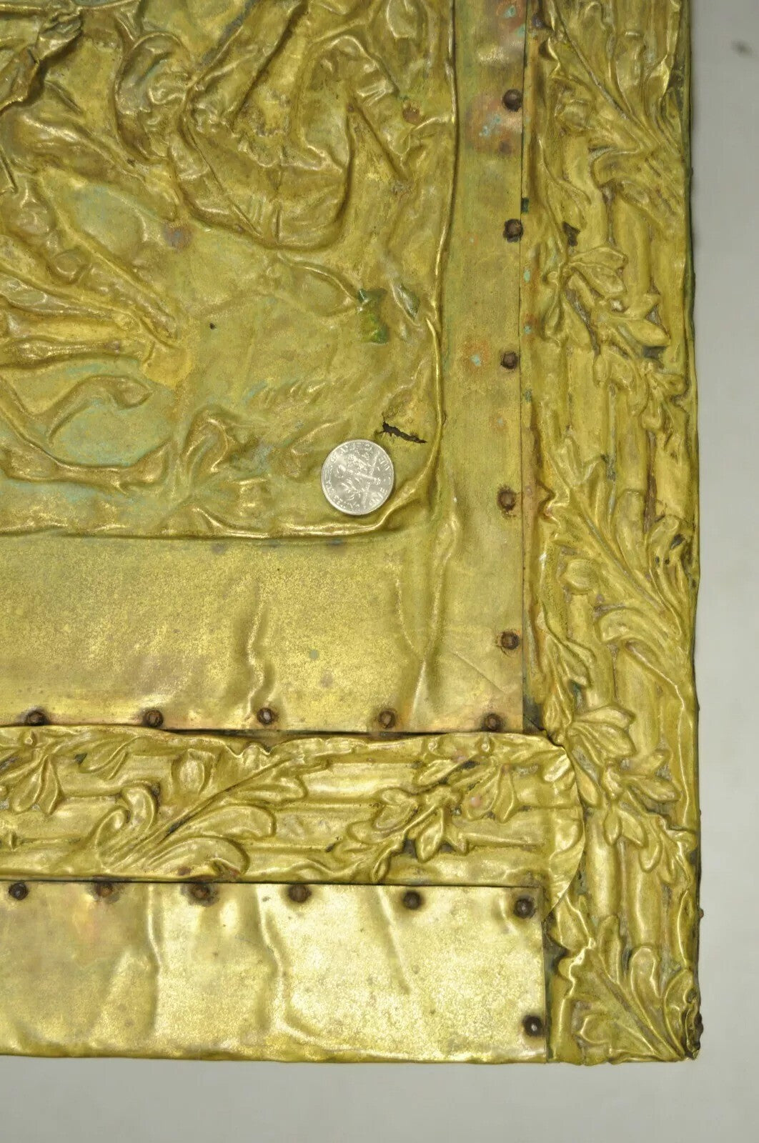 Antique Victorian Embossed Brass Fireplace Log Box Coal Box with Country Scenes