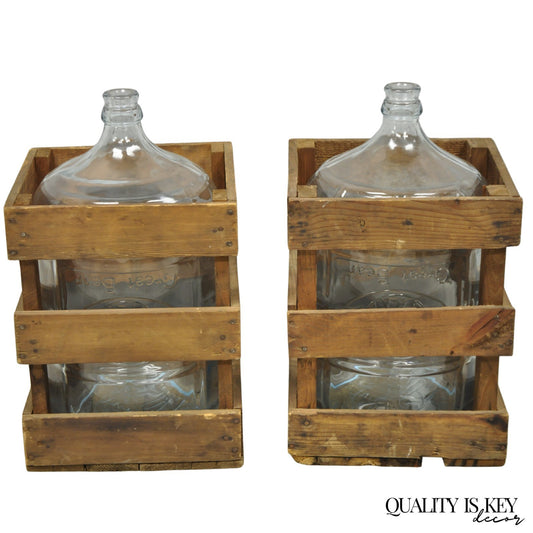 Vintage Great Bear Clear 5 Gallon Glass Carboy Jug in Wooden Crate - Pair