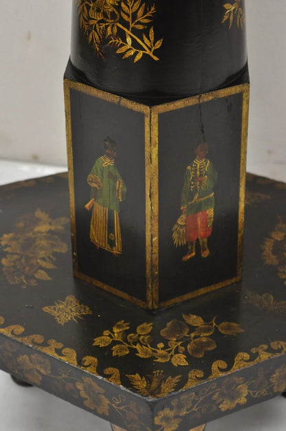 Antique Chinoiserie Hand Painted Pedestal Base Oriental Sewing Stand Side Table