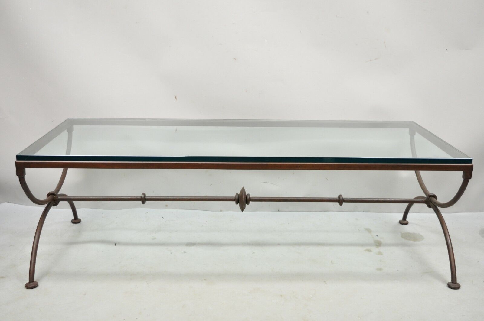 Italian Hollywood Regency Iron X- Frame Glass Top Rectangular Coffee Table