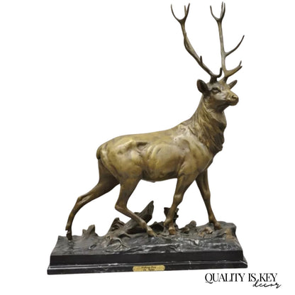 "Walking Deer" Bronze Stag Statue Sculpture on Marble Base After Charles Paillet