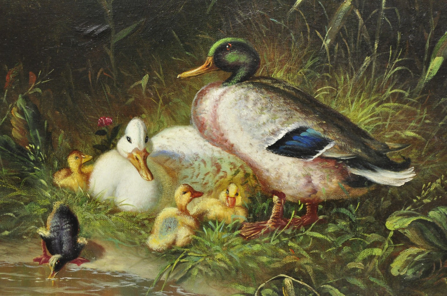 Vintage Traditional Oil on Canvas Wood Frame "Duck Family" Art Signed Borofsky