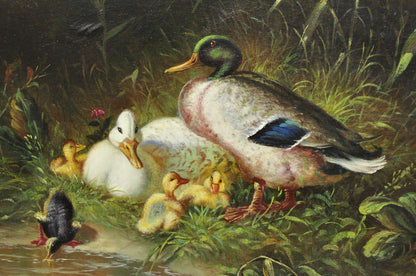 Vintage Traditional Oil on Canvas Wood Frame "Duck Family" Art Signed Borofsky