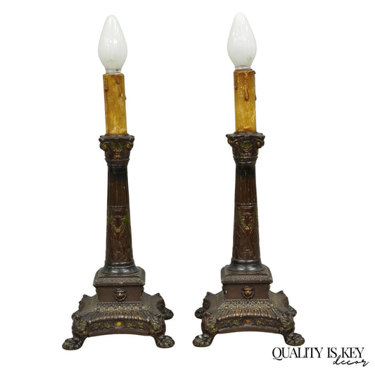 Antique French Empire Brown Painted Column Small Metal Table Lamps - a Pair
