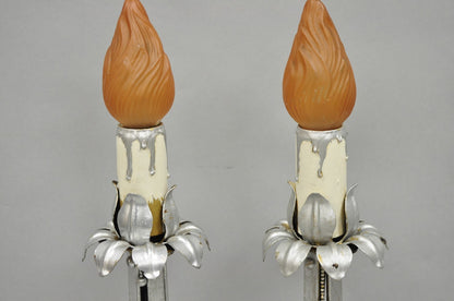 Antique Art Nouveau Wrought Iron Silver Painted Petite Boudoir Table Lamps, Pair
