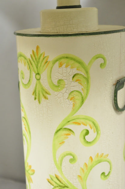 French Country Cream & Green Distressed Tole Metal Cylinder Table Lamps - a Pair