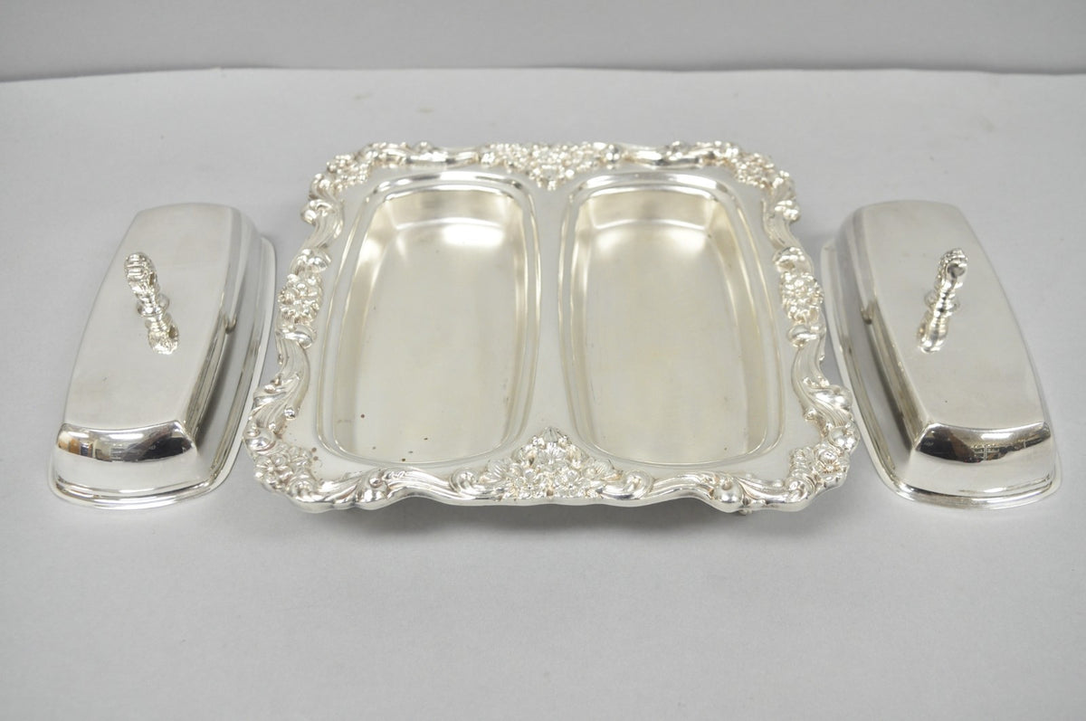 Vintage Poole Lancaster Rose Victorian Silver Plated Twin Double Butter Dish (B)