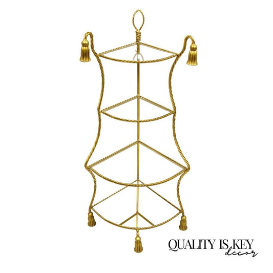 Italian Hollywood Regency Gold Gilt Iron Rope Tassel 4 Tier Etagere Corner Shelf