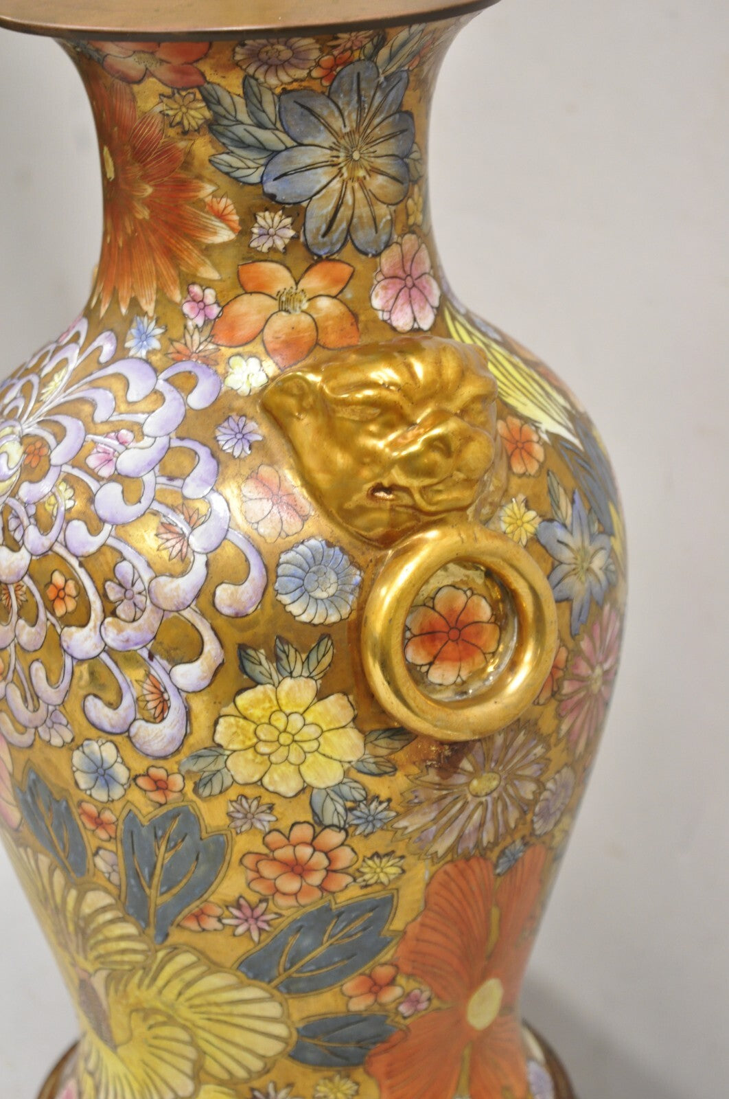 Vintage Chinoiserie Orange Porcelain Ceramic Foo Dog Table Lamp