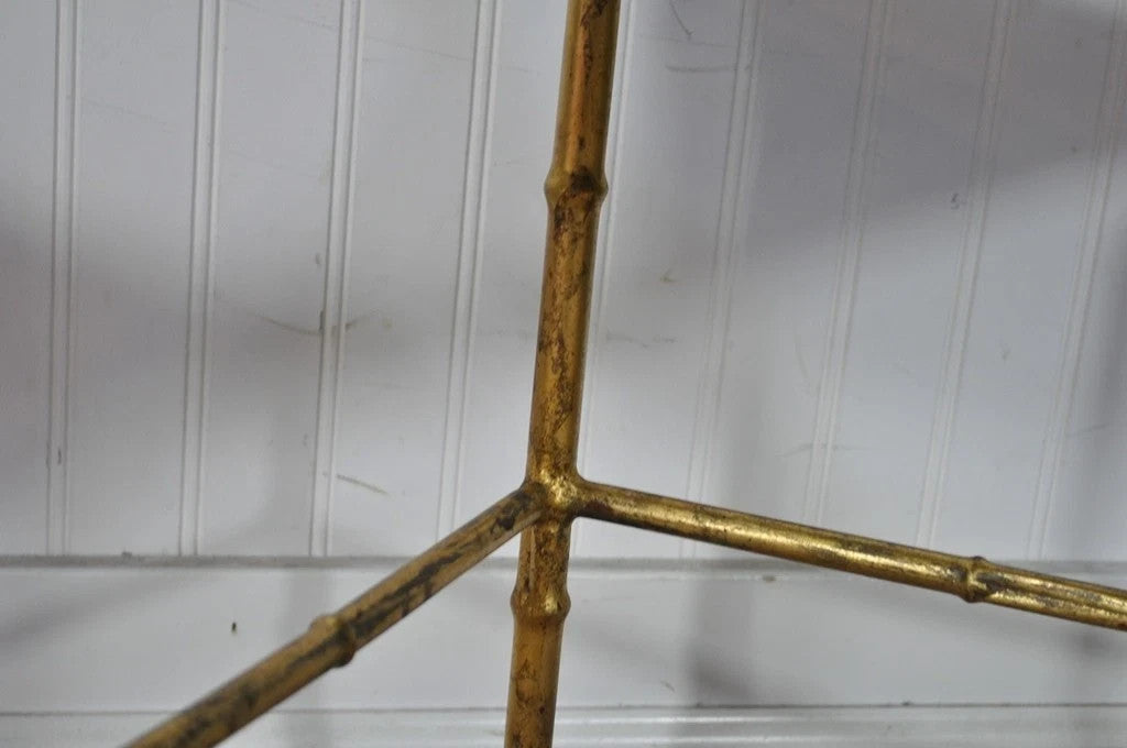 Vintage Italian Hollywood Regency Faux Bamboo Gold Mirror Low Side Tables - Pair