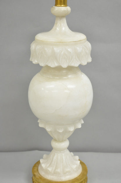 Antique Neoclassical Large Carved Solid Alabaster Marble Leaf Bulbous Table Lamp