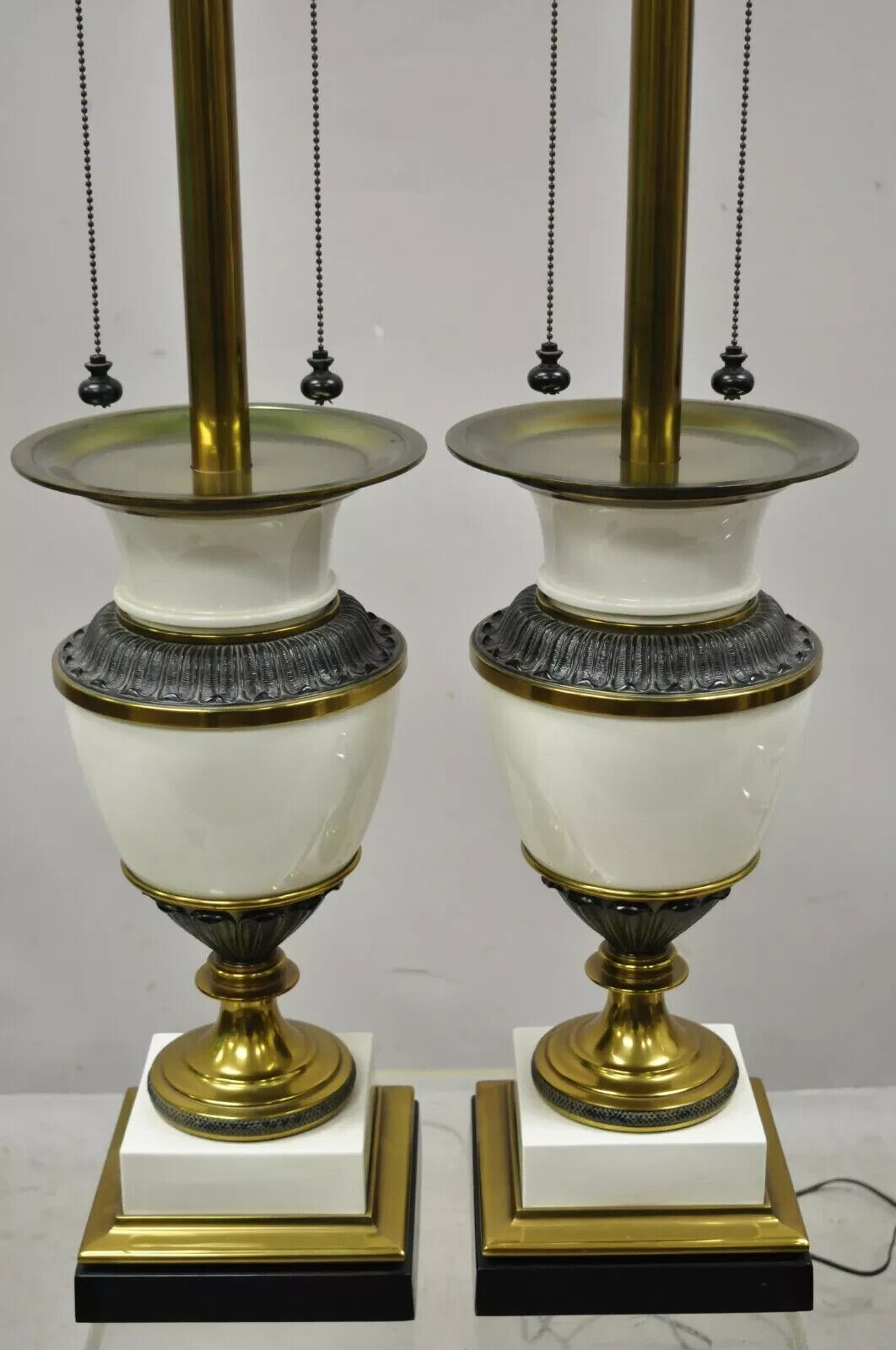 Stiffel Italian Regency Large Porcelain Urn Brass Finish Tall Table Lamps - Pair