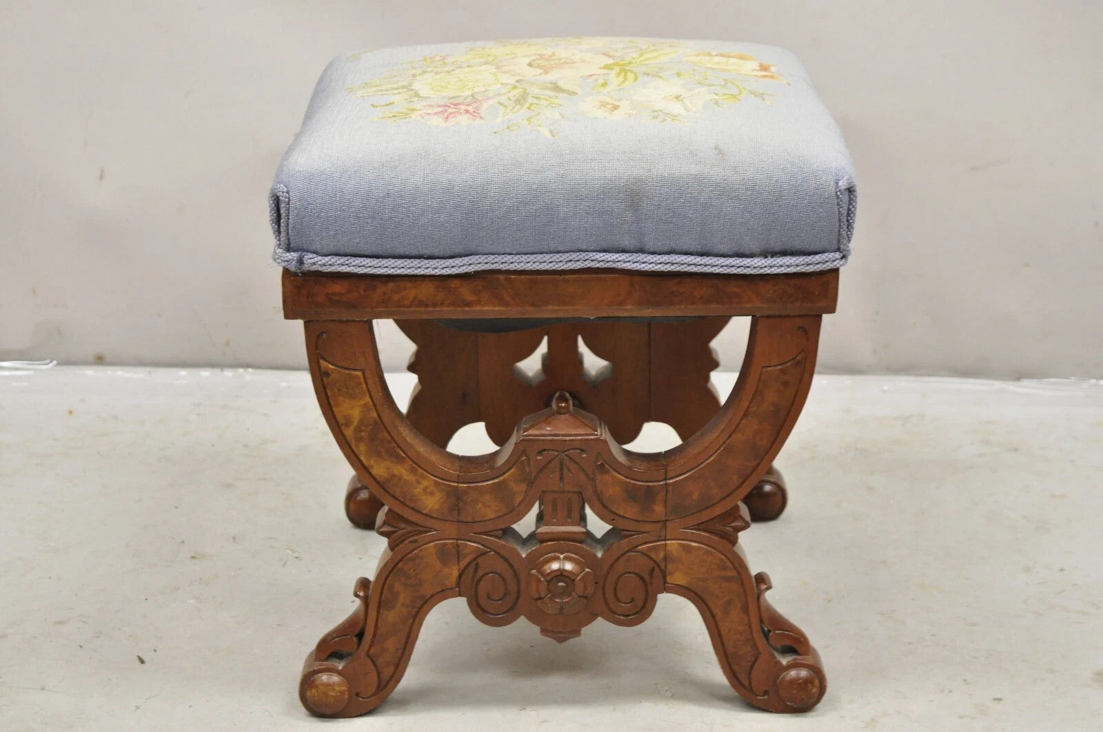 Antique Eastlake Victorian Burl Walnut Carved Curule Footstool Ottoman Stool