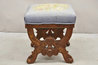Antique Eastlake Victorian Burl Walnut Carved Curule Footstool Ottoman Stool