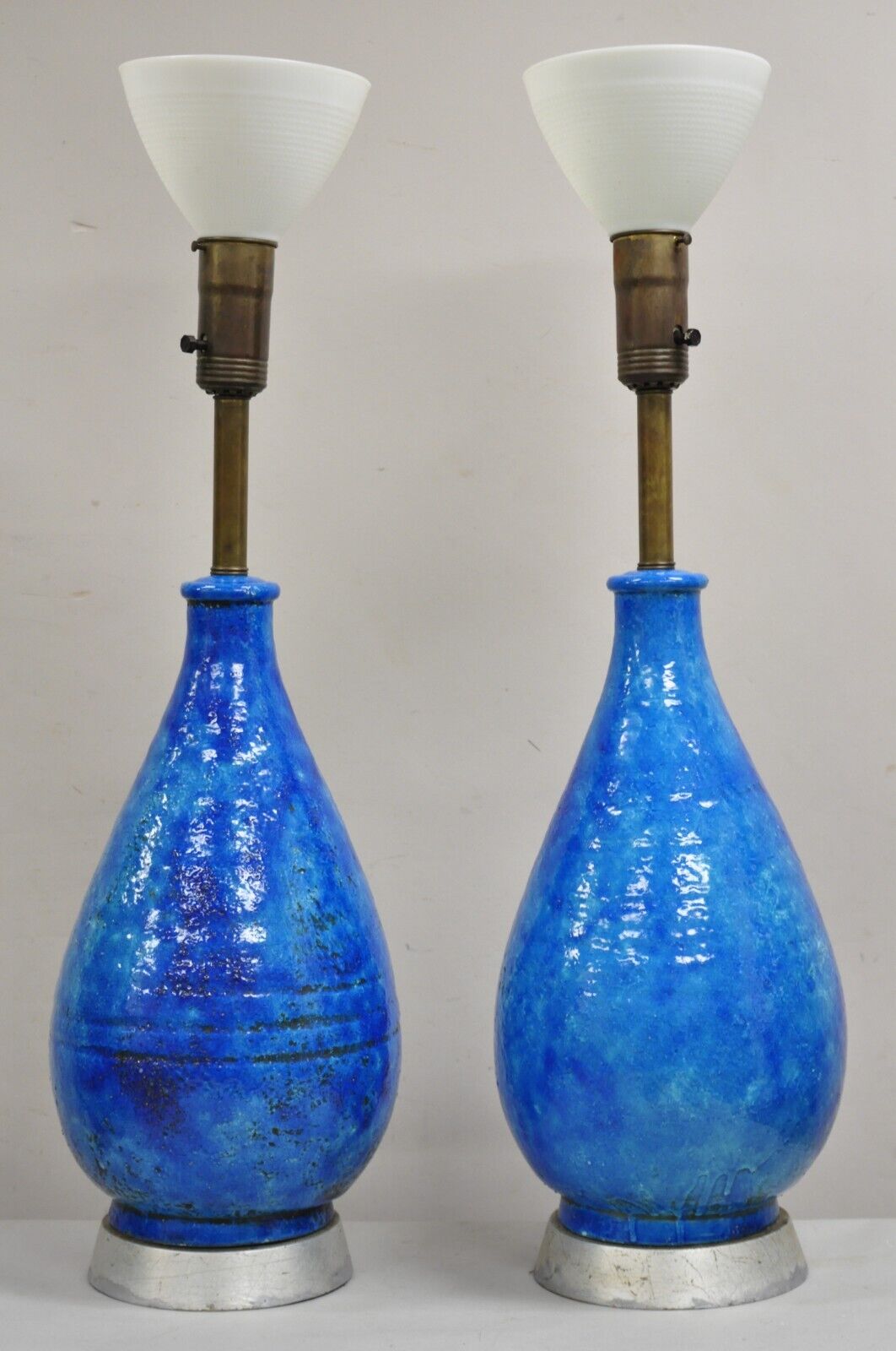 Large Italian Mid Century Modern Blue Lava Glazed Ceramic Table Lamps - a Pair