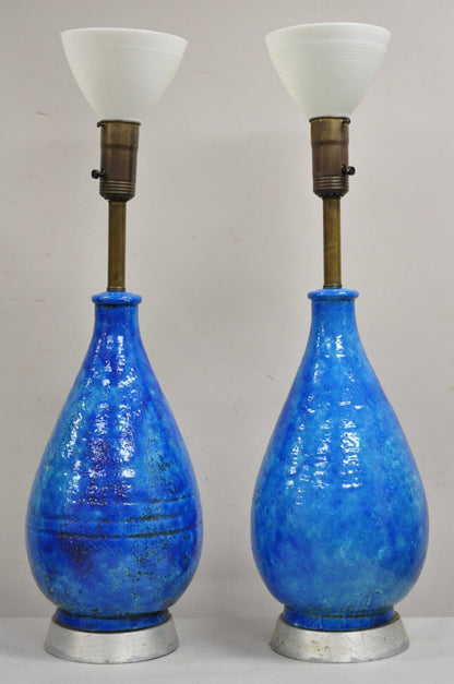 Large Italian Mid Century Modern Blue Lava Glazed Ceramic Table Lamps - a Pair