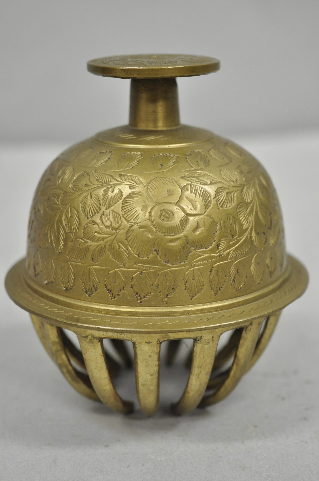 Vintage Anglo Indian Solid Brass Elephant Claw Engraved Dinner Bell on Stand
