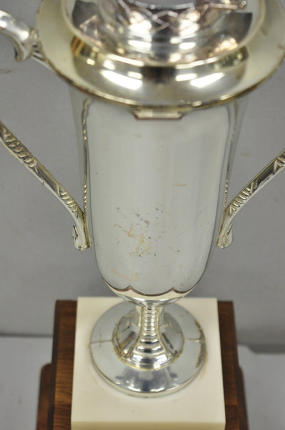 Vintage 1970s Art Deco Silver Metal Marble & Wood Figural Golf Trophy Award Cup
