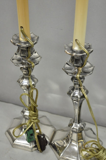 Reed & Barton Art Nouveau Silver Plated Small Candlestick Table Lamps - a Pair