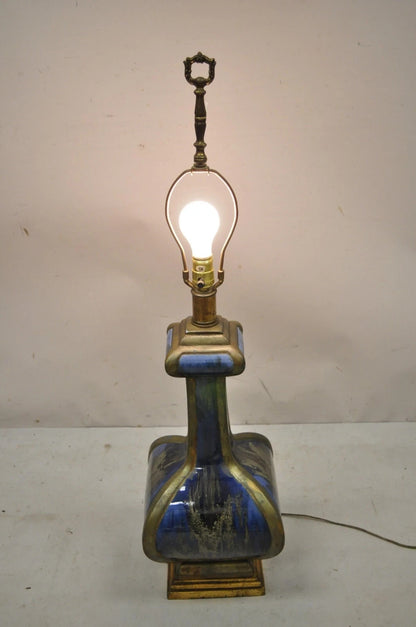 Vintage Mid Century Modern Blue Drip Glazed Sculpted Ceramic Pottery Table Lamp