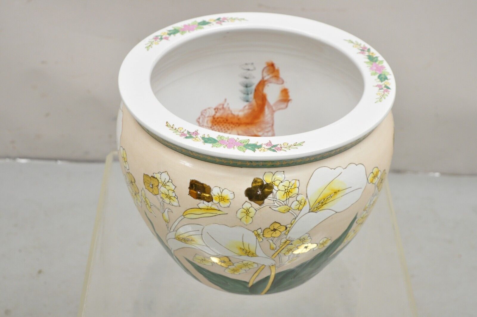 Vintage Chinese Ceramic Jardiniere Cachepot Planter Pot with Fish & Lilies