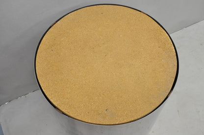 Vintage Mid Century Modern Round Travertine Chrome Steel Pedestal Dining Table