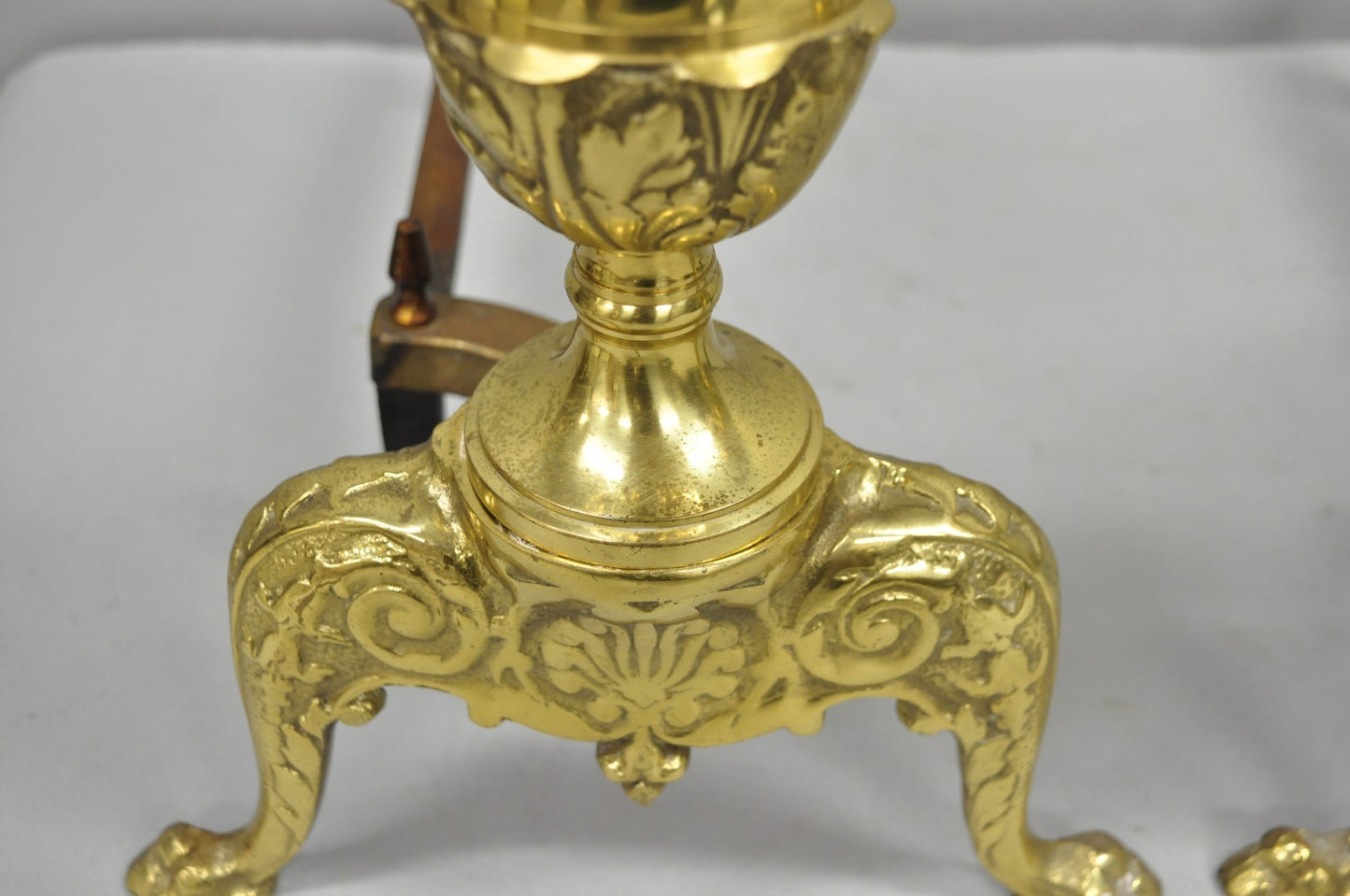 Antique French Empire Style Brass Paw Foot Column Cast Iron Andirons - a Pair