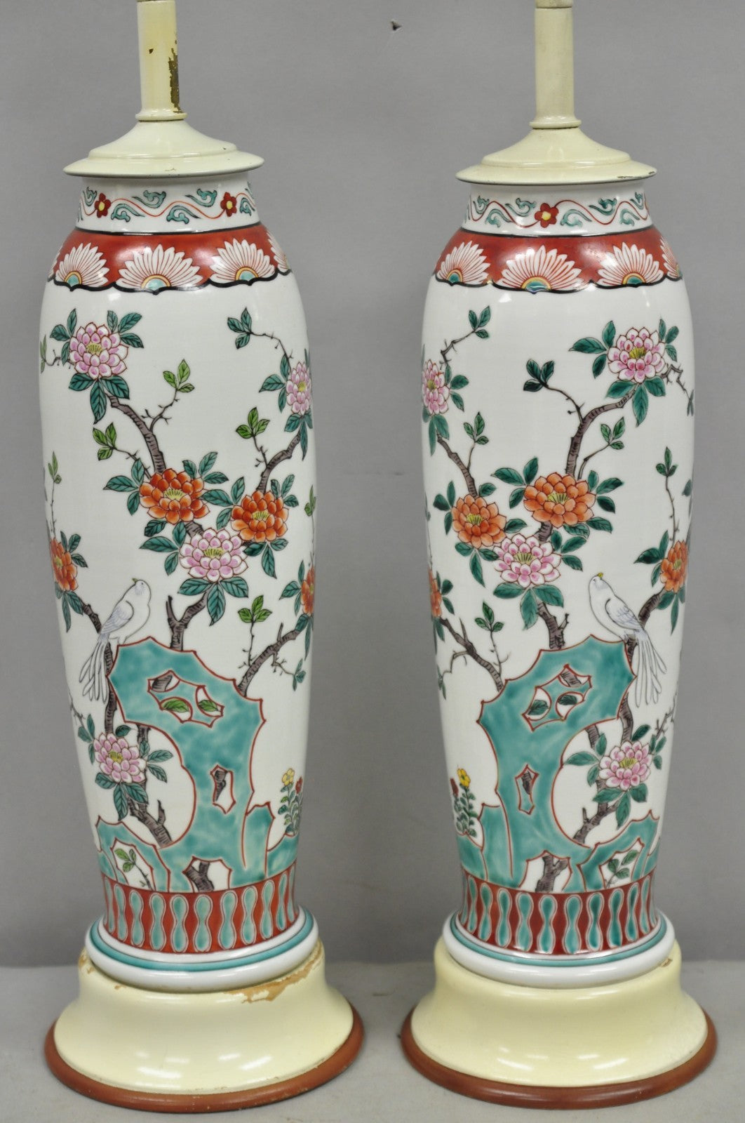 Vintage Chinoiserie Chinese Porcelain Jardinière Vase Flower Table Lamps - Pair