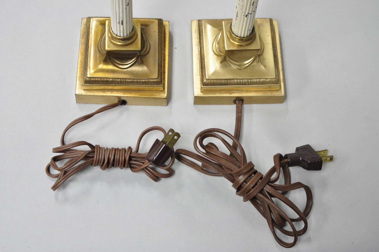 French Empire Neoclassical Small Thin Brass Candlestick Column Table Lamp a Pair