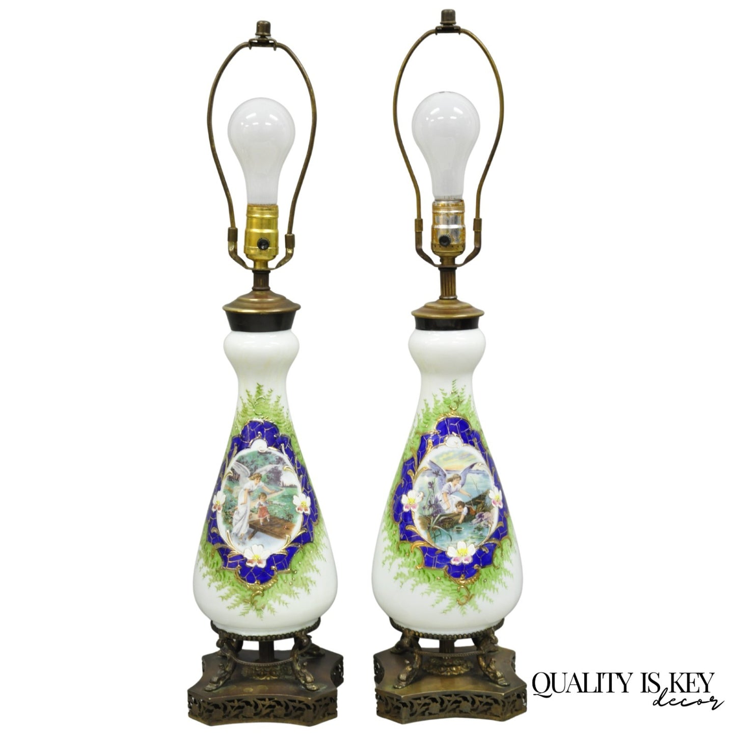 Antique Victorian French Hand Painted Angel and Child Glass Table Lamps - a Pair