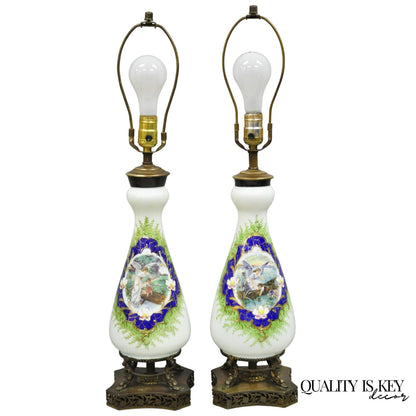 Antique Victorian French Hand Painted Angel and Child Glass Table Lamps - a Pair