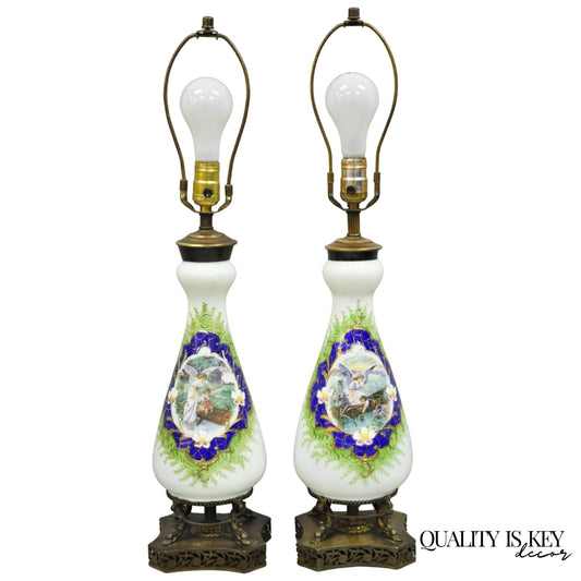Antique Victorian French Hand Painted Angel and Child Glass Table Lamps - a Pair